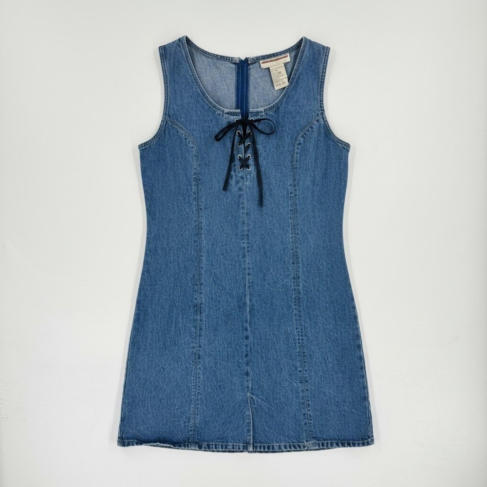 Vintage Expressions Denim Mini Dress Lace Up Front Sleeveless Blue Size 16
